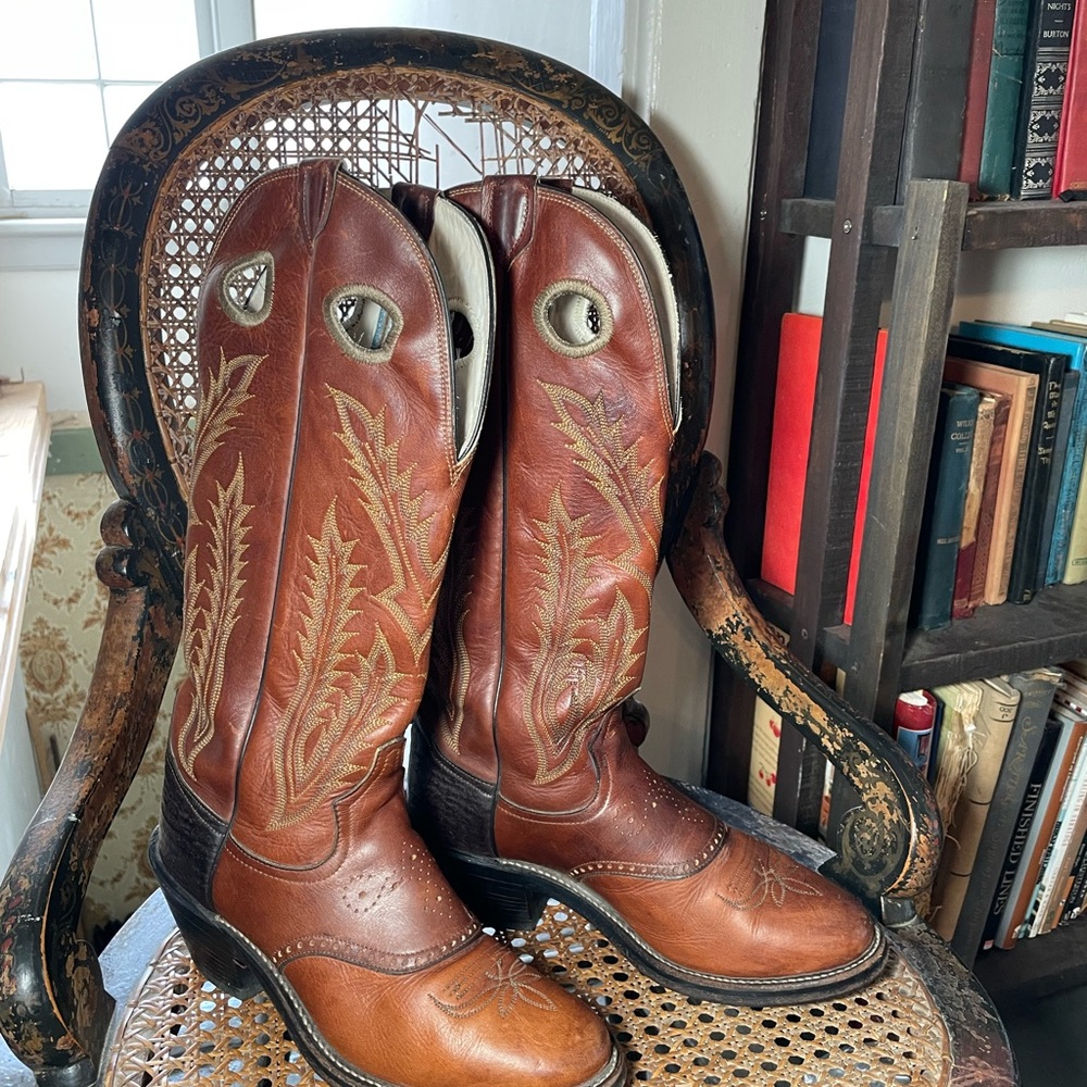 Tony Lama Tan and Brown Embroidered Leather Cowboy Boots